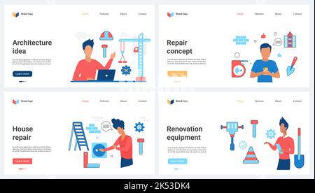 Sviluppo dell'architettura, illustrazione vettoriale della tecnologia delle costruzioni. Cartoni animati con attrezzature, materiali per il restauro di case concetto per banner, sito web design o landing web page Illustrazione Vettoriale