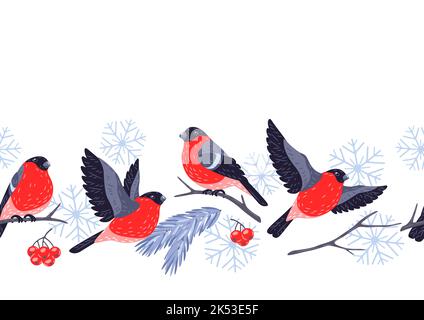 Inverno senza cuciture modello con uccelli torce e piante. Buon Natale e Felice Capodanno. Illustrazione Vettoriale
