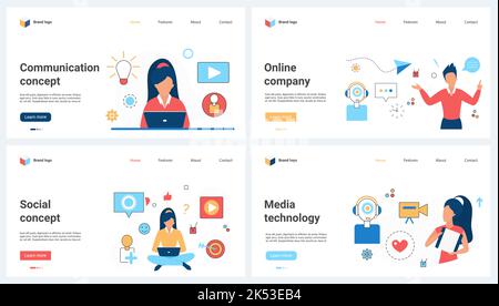 Servizio clienti e supporto tecnico, tecnologia di comunicazione online Set Vector Illustration. Cartoon persone chiamare l'operatore, social media concetto per banner, sito web design o landing web page Illustrazione Vettoriale