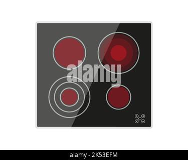 Piano cottura a induzione caldo touch panel nero piatto. Vetro ceramica piano cottura pannello cottura senza gas stufa elettrica casa moderna tecnologia attrezzatura liscia superficie bruciare bruciatore rosso spirale isolata Illustrazione Vettoriale