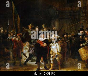The Night Watch o la Compagnia di Milizia del Capitano Frans Banning Cocq, 1642. Dipinto di Rembrandt Foto Stock
