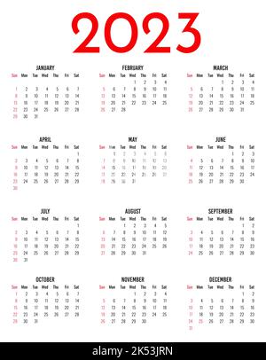 Calendario 2023 anno. La settimana inizia la domenica. Calendario annuale 2023 modello. Illustrazione Vettoriale