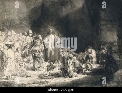 The Hundred Guilder Print è un'incisione di Rembrandt. Il nome popolare dell'incisione deriva dalla grande somma di denaro presumibilmente una volta pagato per un esempio. Si chiama anche Cristo che guarisce gli ammalati, Cristo con gli ammalati intorno a lui, che riceve i bambini piccoli, o la predicazione di Cristo Foto Stock