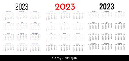 Set di calendario 2023 anno. La settimana inizia la domenica. Calendario annuale 2023 modello. Illustrazione Vettoriale