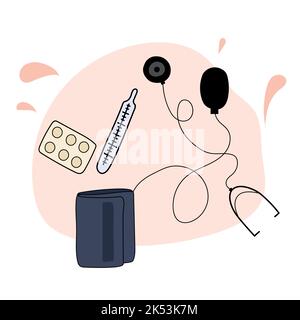 vettore arte di termometro tonometro pillole salute Illustrazione Vettoriale