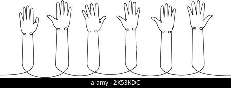 Mani sollevate su una linea di disegno continuo. Voto, volontariato continua illustrazione di una linea. Illustrazione lineare vettoriale minimalista. Illustrazione Vettoriale