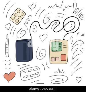 doodle con un tonometro pressione medicina salute Illustrazione Vettoriale