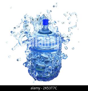 grande bottiglia d'acqua in spruzzi d'acqua isolato su sfondo bianco. rendering 3d. Foto Stock