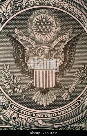 Primo piano dei dettagli sul retro della banconota da un dollaro. Foto Stock