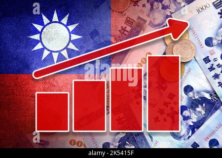 Grafico economico: Freccia su, Bandiera di Taiwan e nuove fatture e monete in dollari di Taiwan Foto Stock