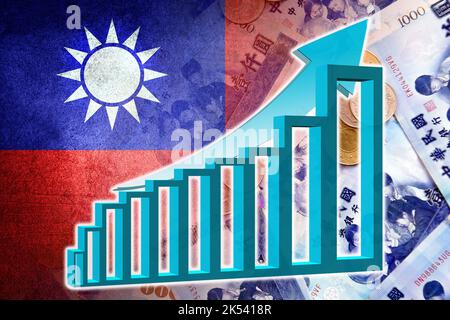 Grafico economico: Freccia su, Bandiera di Taiwan e nuove fatture e monete in dollari di Taiwan Foto Stock