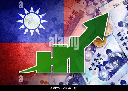 Grafico economico: Freccia su, Bandiera di Taiwan e nuove fatture e monete in dollari di Taiwan Foto Stock