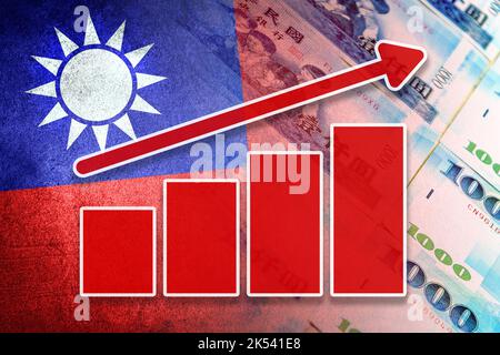 Grafico economico: Freccia su, Bandiera di Taiwan e nuove fatture in contanti del dollaro di Taiwan Foto Stock