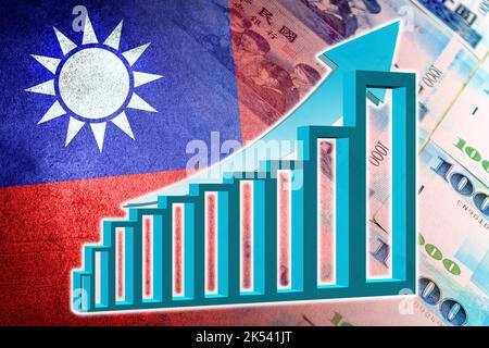 Grafico economico: Freccia su, Bandiera di Taiwan e nuove fatture in contanti del dollaro di Taiwan Foto Stock