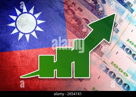 Grafico economico: Freccia su, Bandiera di Taiwan e nuove fatture in contanti del dollaro di Taiwan Foto Stock