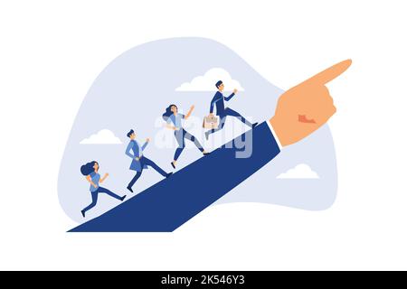 Leadership per guidare i membri del team, direzione aziendale per raggiungere l'obiettivo o l'obiettivo, lavoro di squadra per il successo sul lavoro, leader uomo d'affari che tiene la bandiera del vincitore corsa Illustrazione Vettoriale