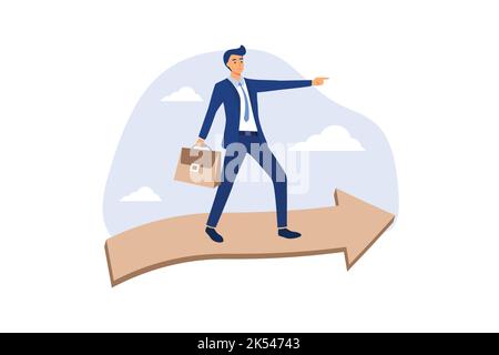 Business in avanti per raggiungere il successo, la visione di leadership per il concetto di crescita della carriera, motivata uomo d'affari intelligente cavalcando verde crescente freccia grap Illustrazione Vettoriale