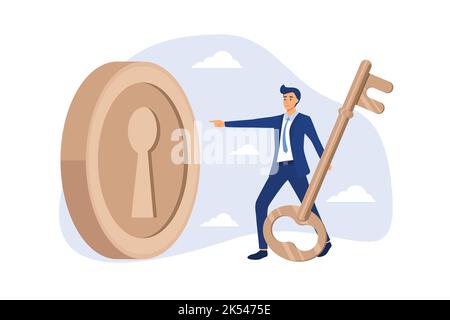 Successo chiave finanziaria, sbloccare la ricompensa segreta per l'opportunità di investimento, la soluzione di ricchezza per fare soldi e guadagnare il concetto di profitto, intelligente uomo d'affari inves Illustrazione Vettoriale