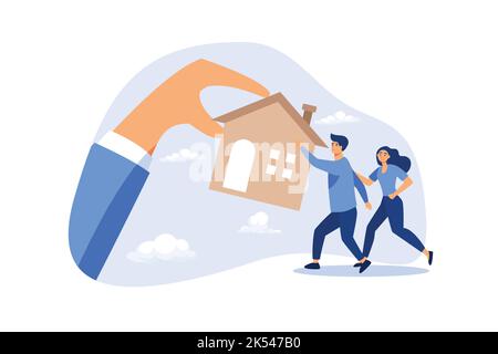 Sfratto e debito ipotecario, preclusione o difficoltà a ripagare il concetto di prestito ipotecario bancario, fallimento uomo e la famiglia lotta per trattenere il loro hou Illustrazione Vettoriale