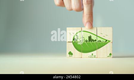 Concetto zero emisson, ecologico e netto zero. Simboli ecologici con foglie verdi su cubi di legno. Strategia di sviluppo sostenibile. Ambiente Foto Stock