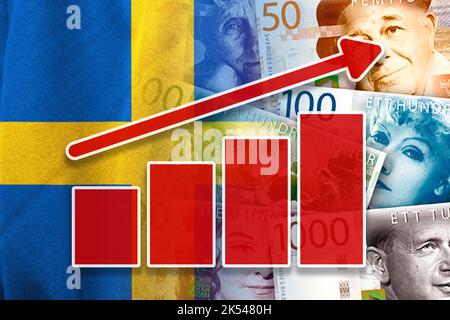 Grafico economico: Freccia verso l'alto, bandiera svedese e banconote in corone svedesi Foto Stock