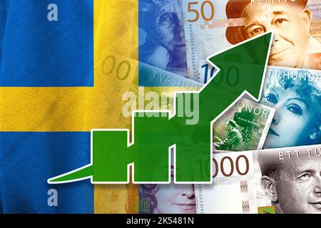 Grafico economico: Freccia verso l'alto, bandiera svedese e banconote in corone svedesi Foto Stock