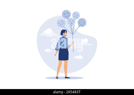 Controllo emotivo e autoregolamentazione, gestione stressata o consapevolezza della salute mentale, sensazione ed espressione concetto, donna calma tenendo palloncini wit Illustrazione Vettoriale