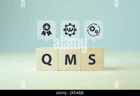 QMS, concetto di sistema di gestione della qualità. Sistema formalizzato per il raggiungimento di politiche e obiettivi di qualità. Standard ISO 9001. Cubetti di legno con abbrev Foto Stock