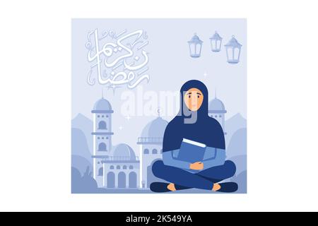 Leggere il sacro concetto di design piatto Quran. Le donne che leggono il Corano nel mese del Ramadan, i musulmani recitano versetti. Può essere utilizzato per la landing page Web, ba Illustrazione Vettoriale