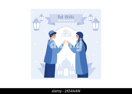 Illustrazione di coppia musulmana per i saluti di Eid Mubarak, illustrazione felice di Eid al-fitr per il banner o la landing page di Web site Illustrazione Vettoriale