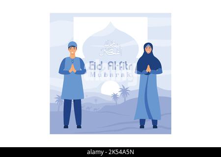 Illustrazione di coppia musulmana per i saluti di Eid Mubarak, illustrazione felice di Eid al-fitr per il banner o la landing page di Web site Illustrazione Vettoriale