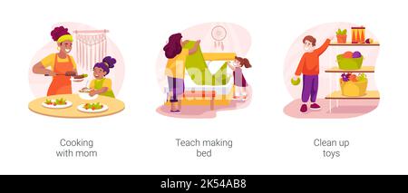 Abilità di manutenzione della famiglia per i capretti insieme isolato dell'illustrazione del vettore dei cartoni animati Illustrazione Vettoriale