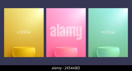 Set di realistico colorato astratto 3D camera con giallo, blu chiaro e morbido e rosa stand o podio Illustrazione Vettoriale