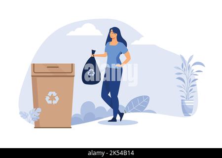 Donna positiva gettando via i rifiuti riutilizzabili. Illustrazione del contenitore, dei rifiuti e dei vettori piatti di scarto. Concetto di riciclaggio e vacanza per banner, sito web desi Illustrazione Vettoriale