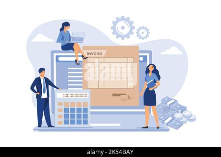 Piccole persone che preparano la fattura su computer isolato vettore piano illustrazione. Contabili cartoni animati creazione di rapporti su IVA, salari e denaro pagato. O Illustrazione Vettoriale