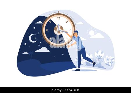 Uomo che muove le frecce dell'orologio e gestisce il tempo. Pianeta, notte e giorno in background. Illustrazione vettoriale dei ritmi circadiani, routine quotidiana, mattina e. Illustrazione Vettoriale