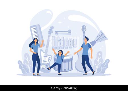 Musica club o classe. Gli studenti imparano a riprodurre musica. Giovane musicista che suona strumenti musicali. Lezione vocale e di salfeggio. Illustrazione del vettore piatto Illustrazione Vettoriale