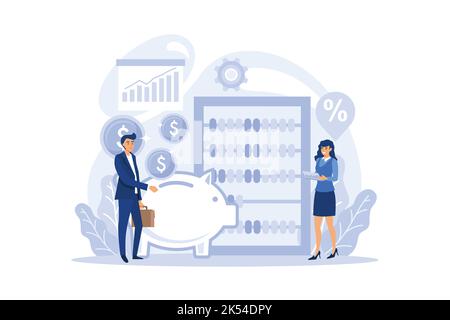 Banchiere o concetto bancario. Idea di reddito finanziario, risparmio di denaro e ricchezza. Deposito, prestito e servizio di cassa. disegno piano illustrazione moderna Illustrazione Vettoriale