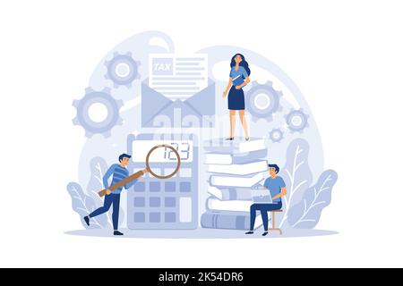 Concetto di consulente fiscale. Idea di contabilità e pagamento. Fattura finanziaria. Audit fiscale, consultazione, analisi dei pagamenti fiscali. flat design Modern illustra Illustrazione Vettoriale