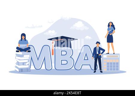 Laureati studenti che studiano amministrazione e gestione aziendale, ottenendo un master. Illustrazione vettoriale piatta per istruzione, conoscenza, schoo MBA Illustrazione Vettoriale