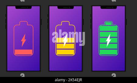 Processo di carica della batteria. Livello di carica della batteria diverso. Batteria dello smartphone scarica, in carica e completamente carica. Impostazione del livello di carica della batteria Illustrazione Vettoriale