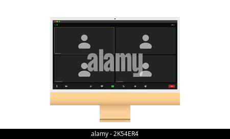 Interfaccia utente per videoconferenza, quattro utenti. Sovrapposizione della finestra delle videochiamate in conferenza sul desktop, elementi dell'interfaccia utente della chat video, webinar, meeting online. Vettore Illustrazione Vettoriale