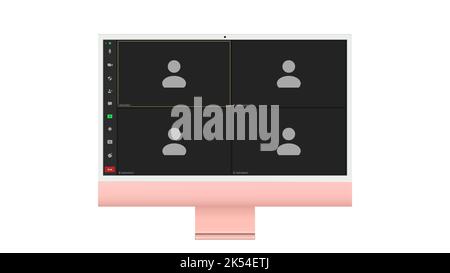Interfaccia utente per videoconferenza, quattro utenti. Sovrapposizione della finestra delle videochiamate in conferenza sul desktop, elementi dell'interfaccia utente della chat video, webinar, meeting online. Vettore Illustrazione Vettoriale