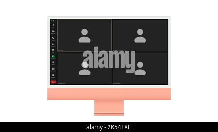 Interfaccia utente per videoconferenza, quattro utenti. Sovrapposizione della finestra delle videochiamate in conferenza sul desktop, elementi dell'interfaccia utente della chat video, webinar, meeting online. Vettore Illustrazione Vettoriale