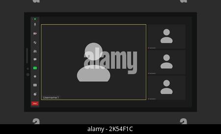 Interfaccia utente per videoconferenza modello. Applicazione per le chiamate. Videocall schermo mockup per conferenza di apprendimento. Beffa della conversazione remota Illustrazione Vettoriale