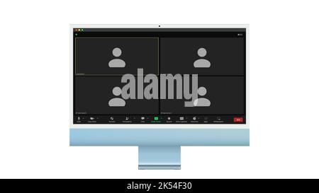 Interfaccia utente per videoconferenza, quattro utenti. Sovrapposizione della finestra delle videochiamate in conferenza sul desktop, elementi dell'interfaccia utente della chat video, webinar, meeting online. Vettore Illustrazione Vettoriale