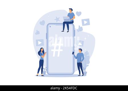 telefono con cartello hashtag, persone e social network. design piatto illustrazione moderna Illustrazione Vettoriale