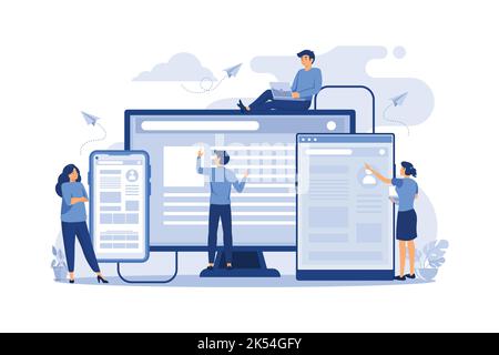 concetto di progettazione di pagine web e sviluppo di siti web mobili, le piccole persone stanno lavorando alla creazione di un sito web, applicazioni, il trasferimento di informazioni. Illustrazione Vettoriale