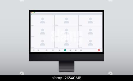 Interfaccia videocall modello vettoriale, interfaccia utente di chat web. Finestre per videochiamate di conferenze online o webinar con pulsanti e icone utente, computer o. Illustrazione Vettoriale