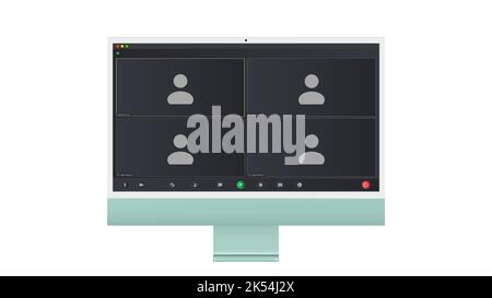 Interfaccia utente per videoconferenza, quattro utenti. Sovrapposizione della finestra delle videochiamate in conferenza sul desktop, elementi dell'interfaccia utente della chat video, webinar, meeting online. Vettore Illustrazione Vettoriale